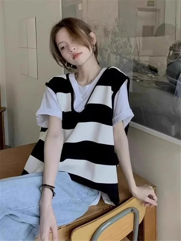 美式條紋假兩件百搭T恤主圖