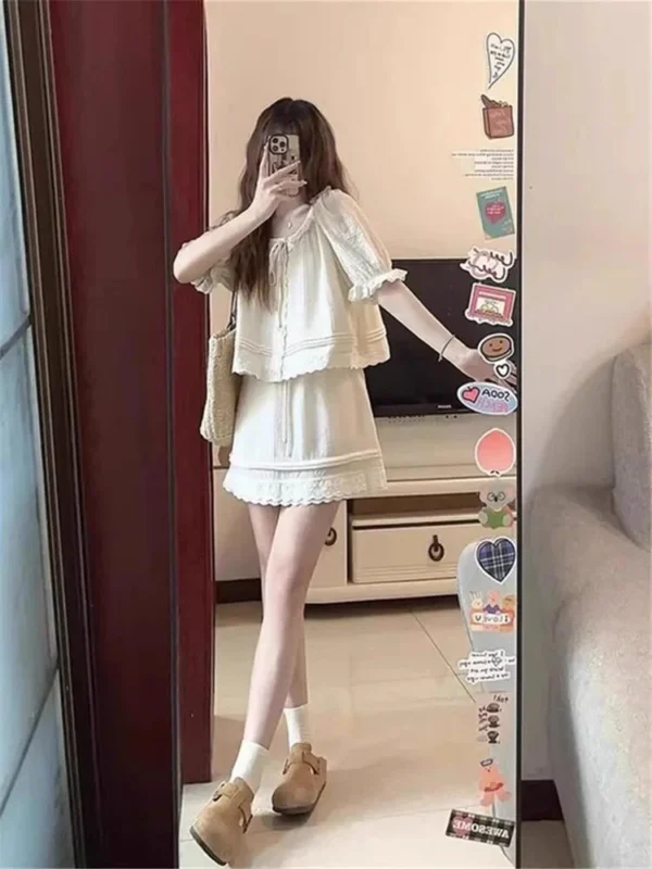法式短袖襯衫+半身短裙兩件套