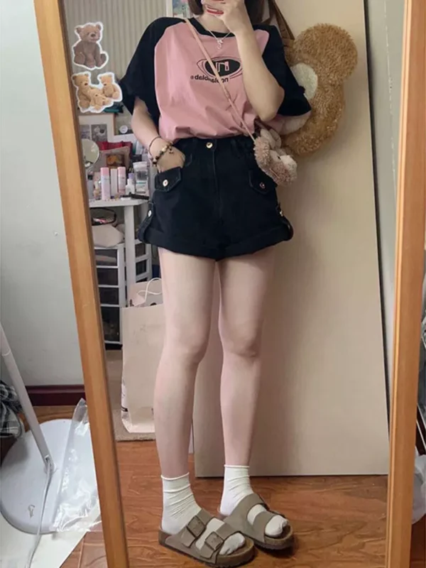 高腰闊腿牛仔熱褲