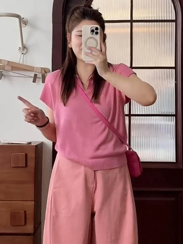 小翻領針織寬鬆短T