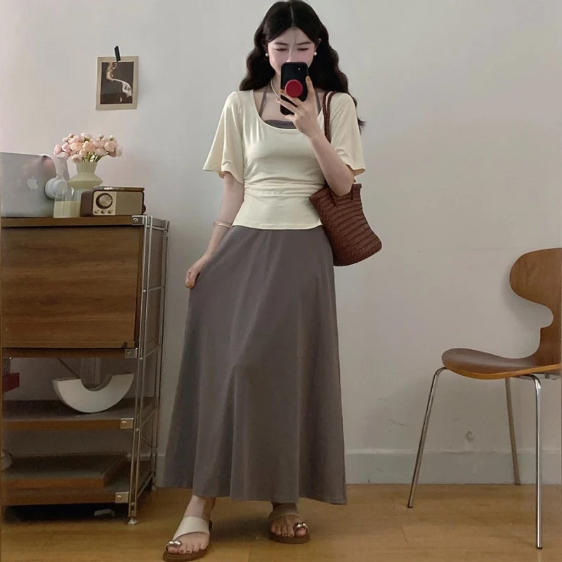 寬鬆U領收腰中袖掛脖三件套