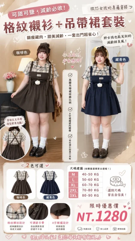 編號：830少女風復古格紋吊帶裙
