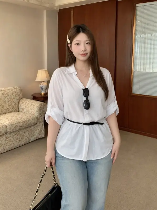 V領短袖長版襯衫 縮圖 2