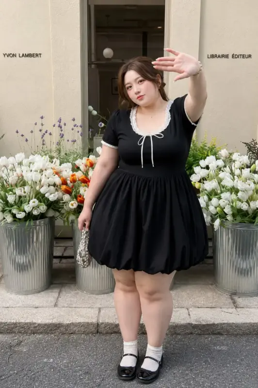 860圓領蕾絲邊花苞顯瘦連衣裙縮圖 2