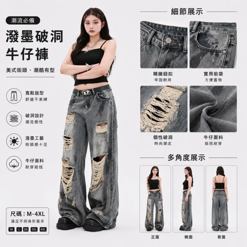 潑墨破洞牛仔褲
