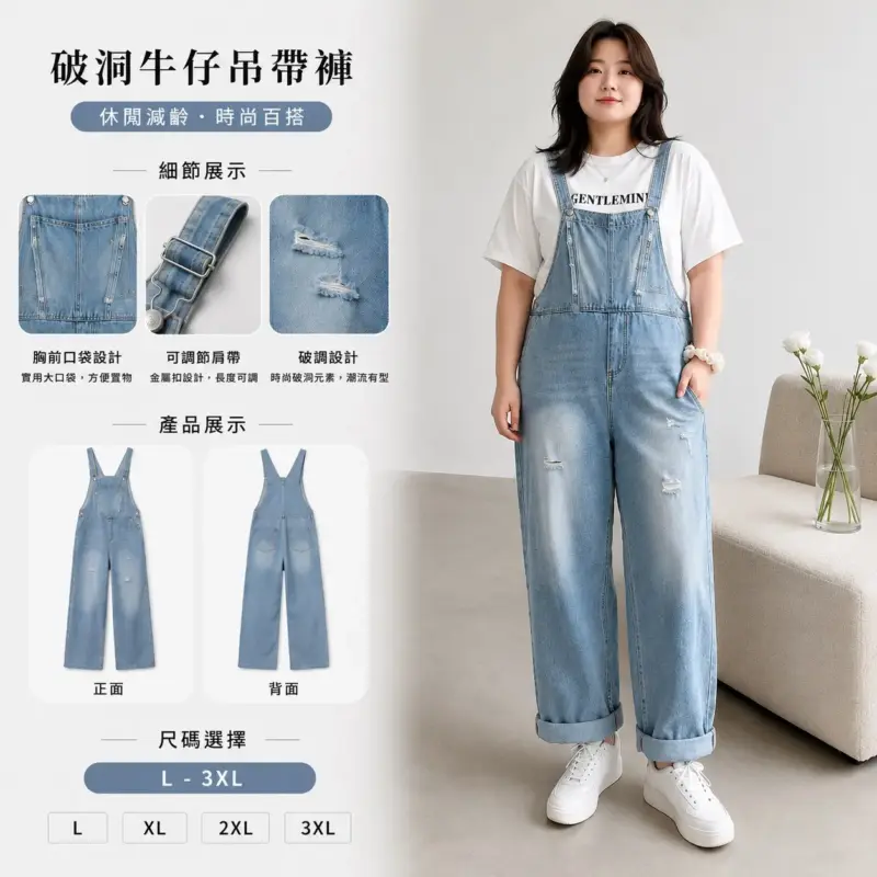 866大碼破洞牛仔吊帶褲（不含上衣）