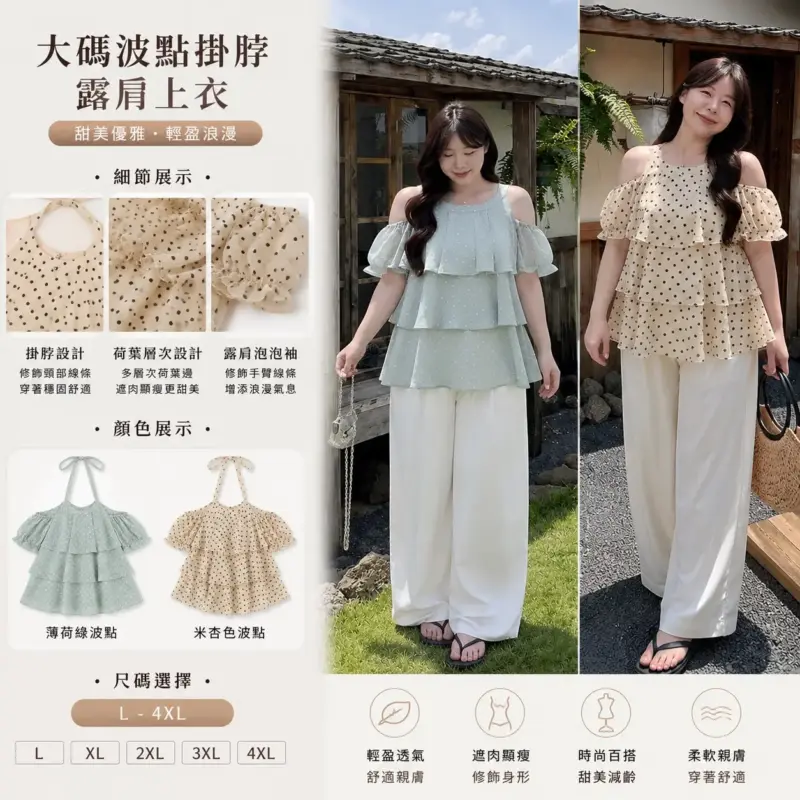 867大碼波點掛脖露肩上衣