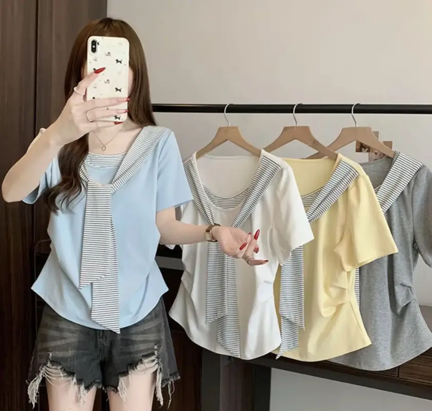 條紋拼接披肩上衣 縮圖 2