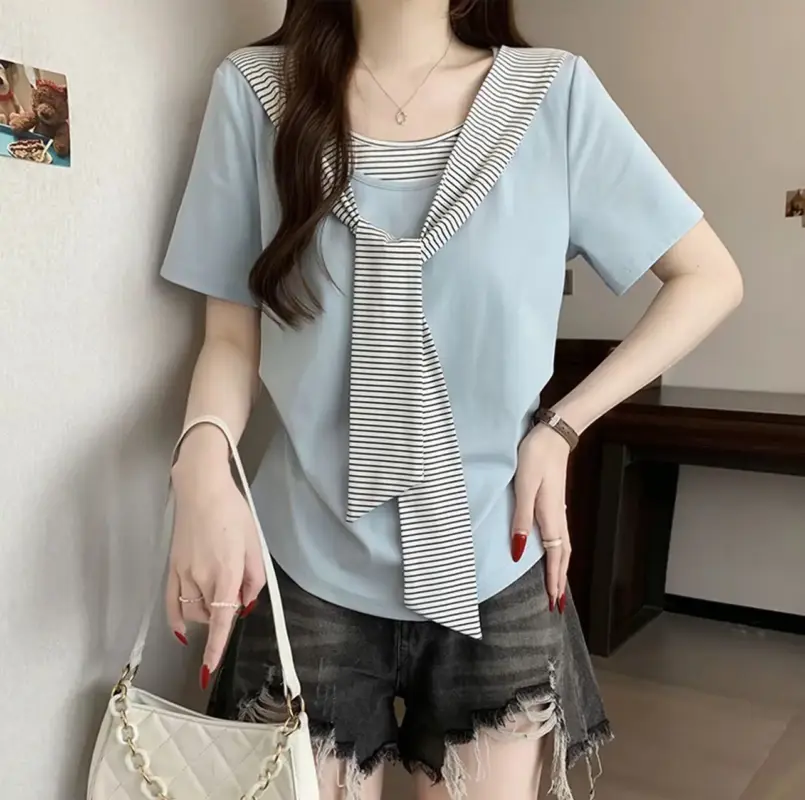 條紋拼接披肩上衣 縮圖 3