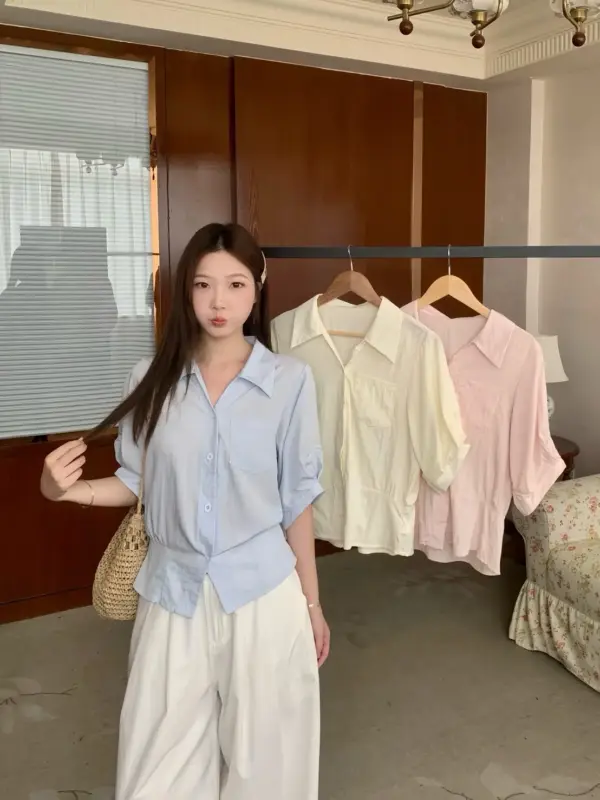 Korean Stood Collar Waist-Increasing Shirt thumbnail 2
