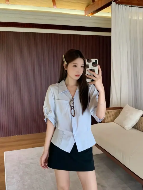 Korean Stood Collar Waist-Increasing Shirt thumbnail 4