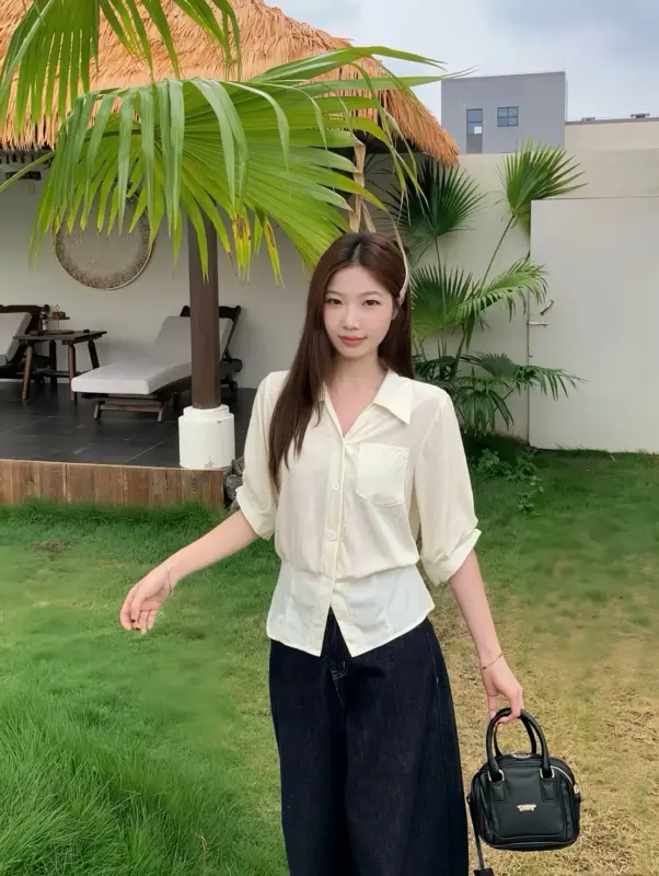 Korean Stood Collar Waist-Increasing Shirt thumbnail 5