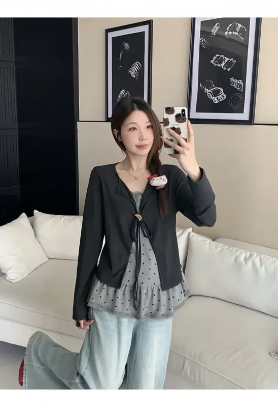 Panelled Polka Dot Long Sleeve Layered Look thumbnail 4