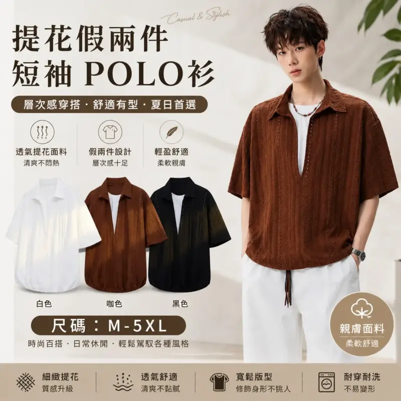 提花假兩件短袖polo衫