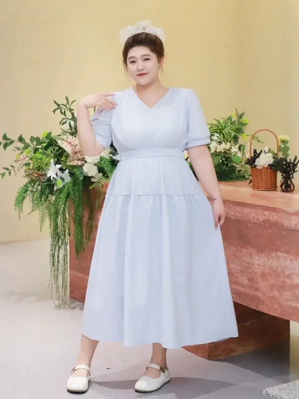 法式氣質V領連衣裙 縮圖 4