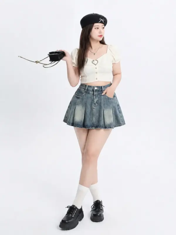 Distressed Denim Pleated Skirt thumbnail 2