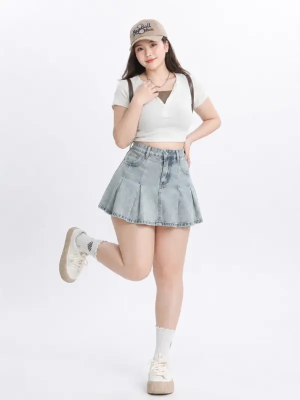 Distressed Denim Pleated Skirt thumbnail 3