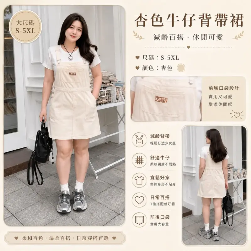 杏色牛仔背帶裙