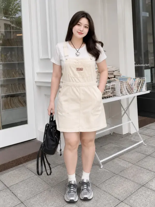 杏色牛仔背帶裙 縮圖 2