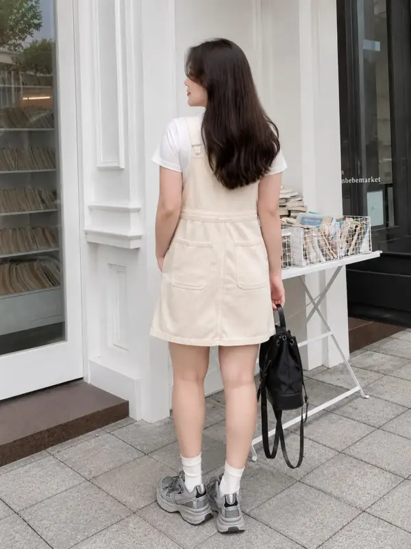 杏色牛仔背帶裙 縮圖 3
