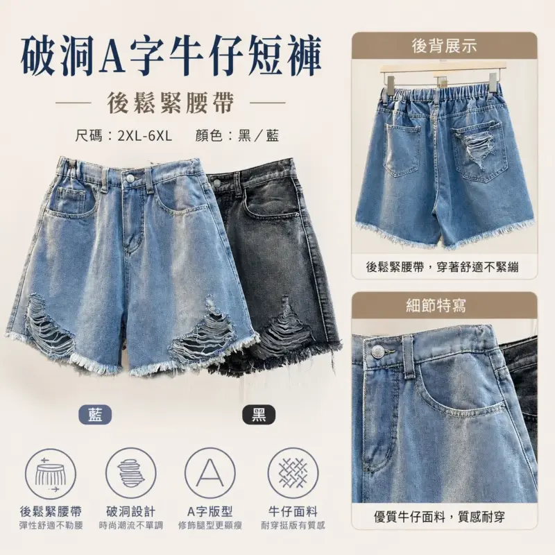 Ripped A-Line Shorts (With Elastic Waistband at Back)