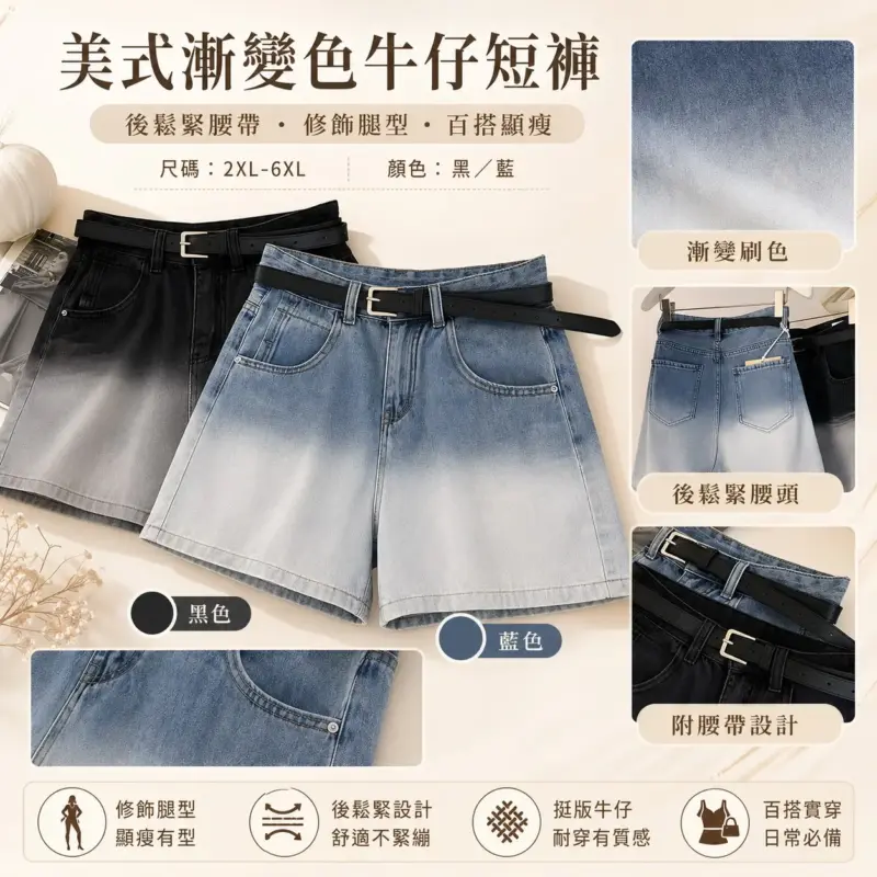 American Gradual Color Ripped A-Line Shorts (With Elastic Waistband at Back)