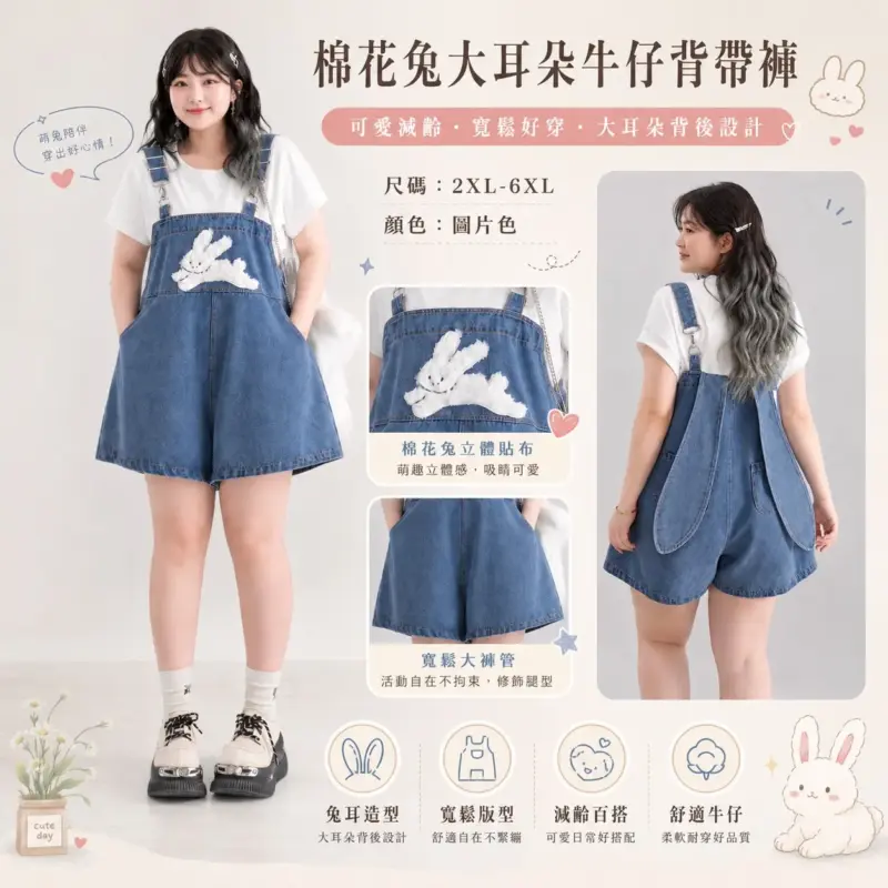 棉花兔大耳朵牛仔背帶褲