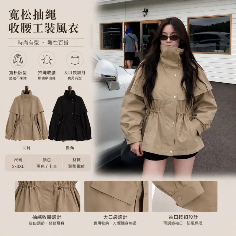 Loose Drawstring Waist Cargo Coat