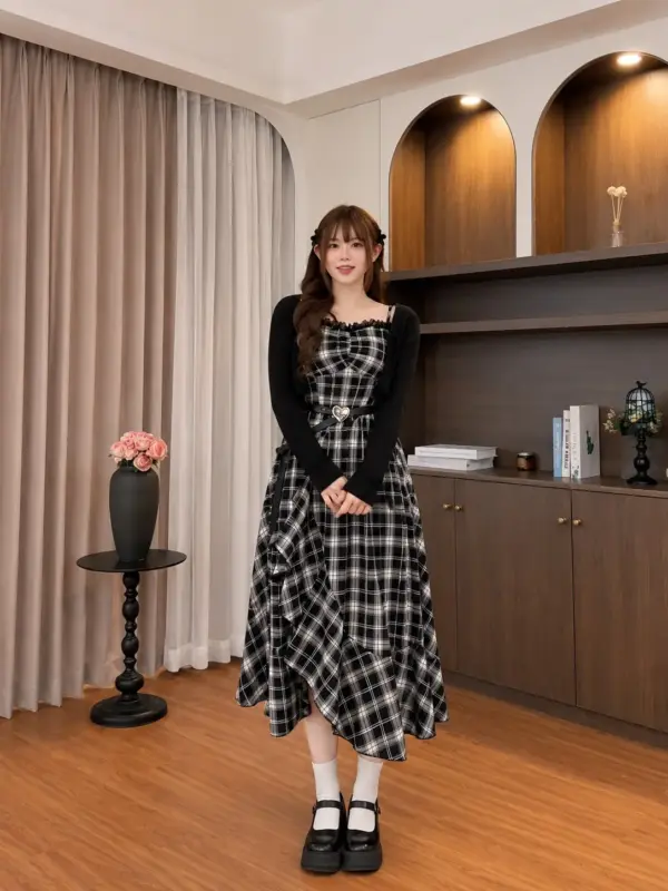 薄霧少女復古格紋吊帶裙+開衫 縮圖 5