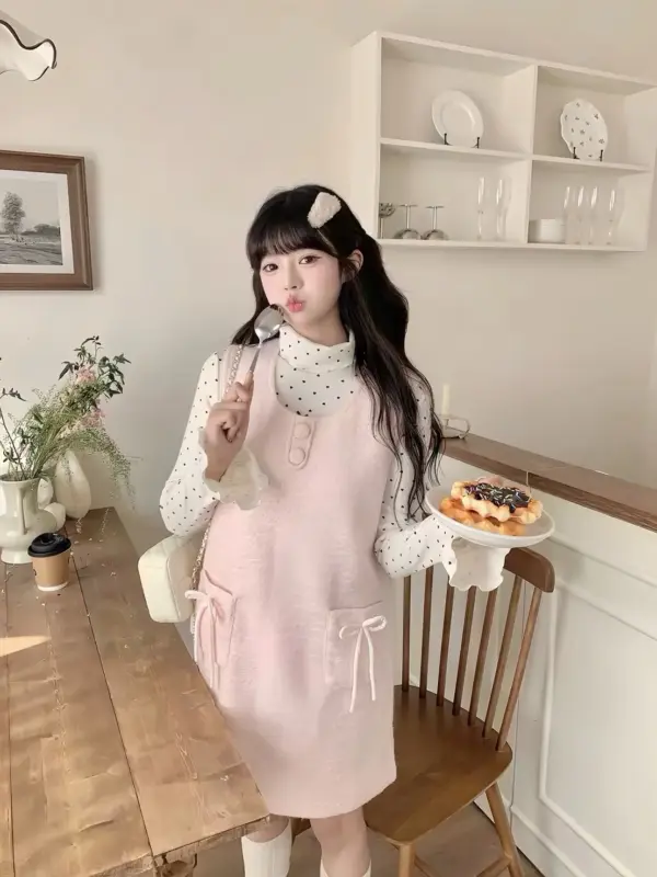 毛毛粉色背帶連衣裙+上衣 縮圖 2