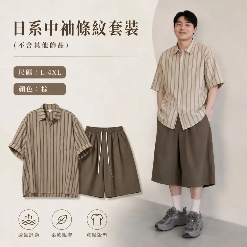 日系中袖條紋套裝（不含其他飾品）
