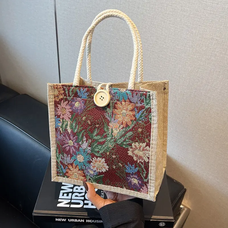 花朵麻布手提包 縮圖 4