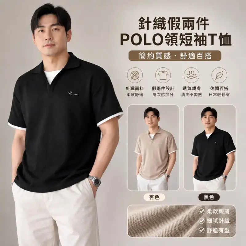 針織假兩件POLO領短袖T恤