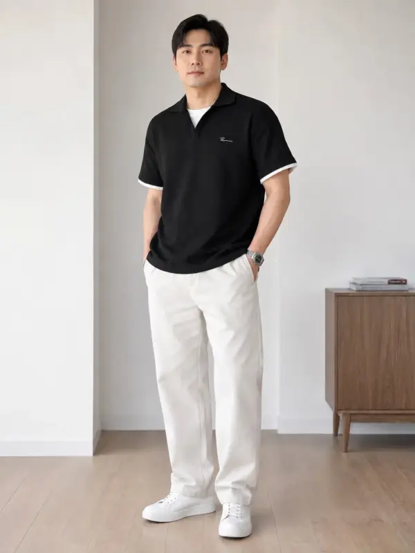 針織假兩件POLO領短袖T恤 縮圖 2
