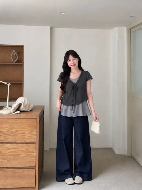 假兩件拼接V領系帶上衣 縮圖 3