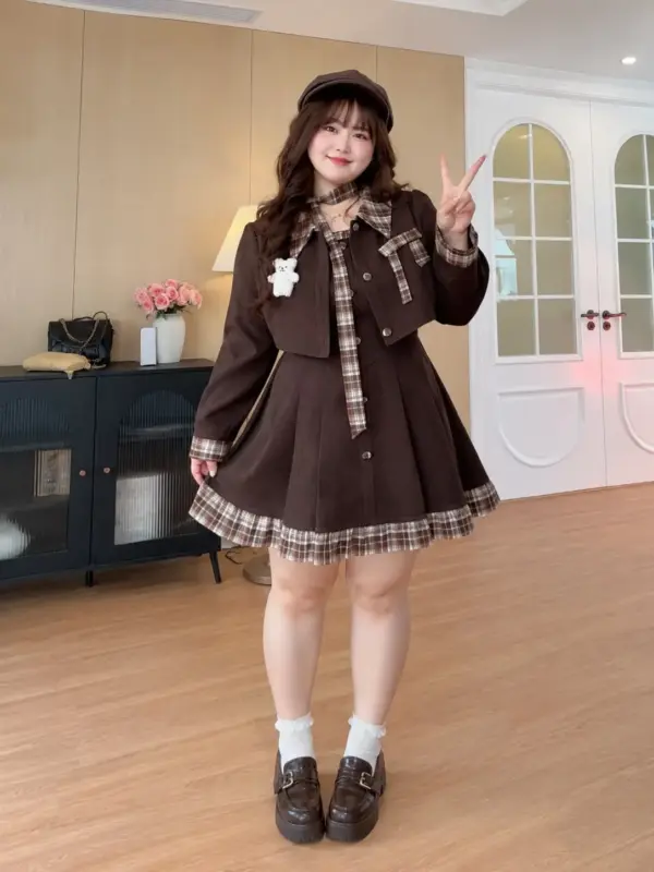 曼哈頓嶼格紋撞色連衣裙套裝 縮圖 4