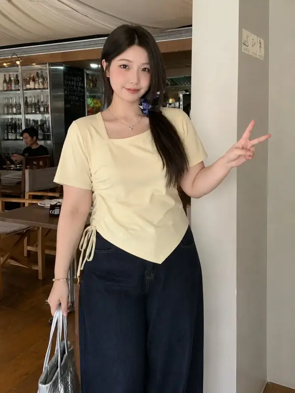 抽繩不規則褶皺收腰上衣 縮圖 3