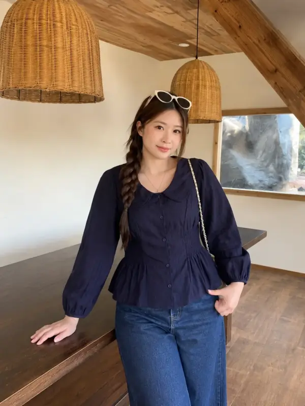 娃娃V領泡泡袖襯衫 縮圖 4