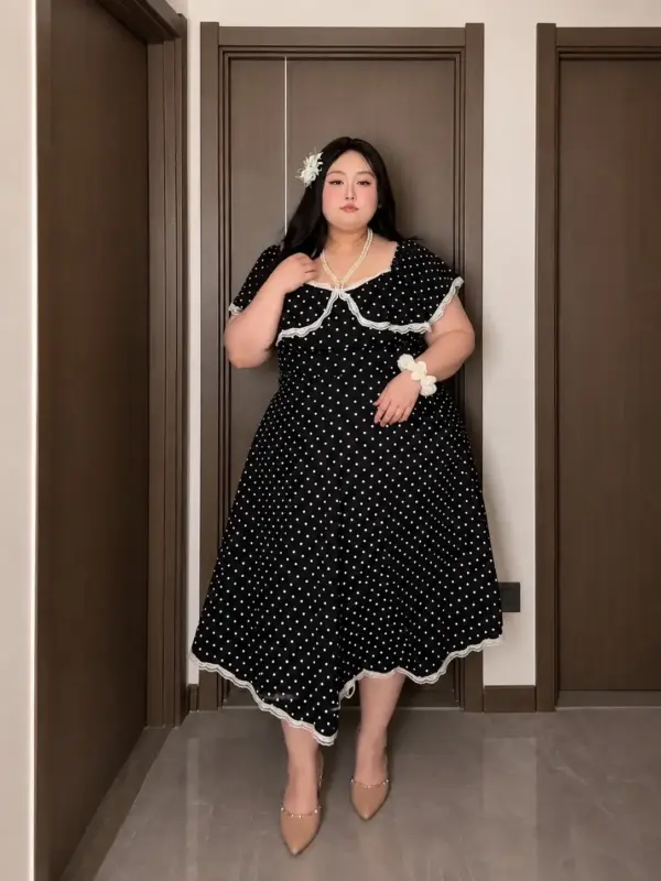 渡假風黑色波點連衣裙 縮圖 2