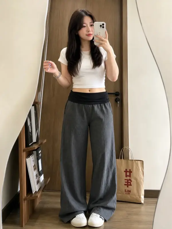 皺摺寬松垂感長褲 縮圖 3