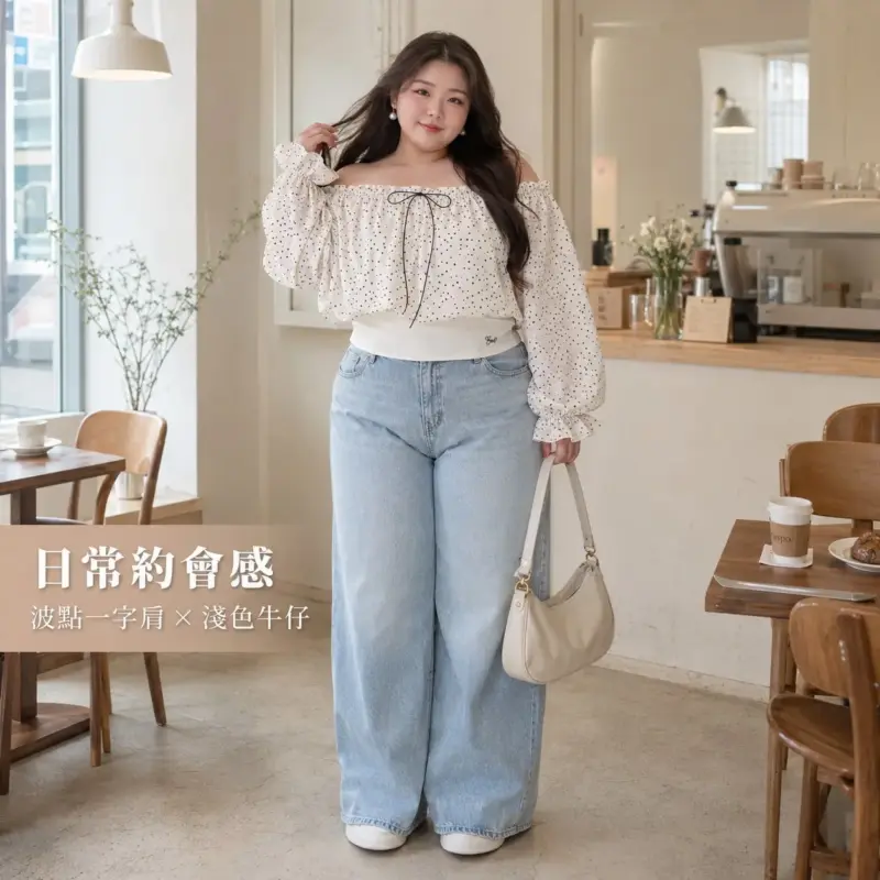 韓系波點一字肩上衣 縮圖 2