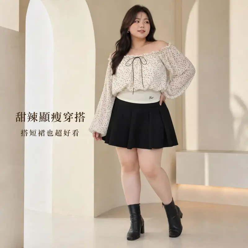 韓系波點一字肩上衣 縮圖 3