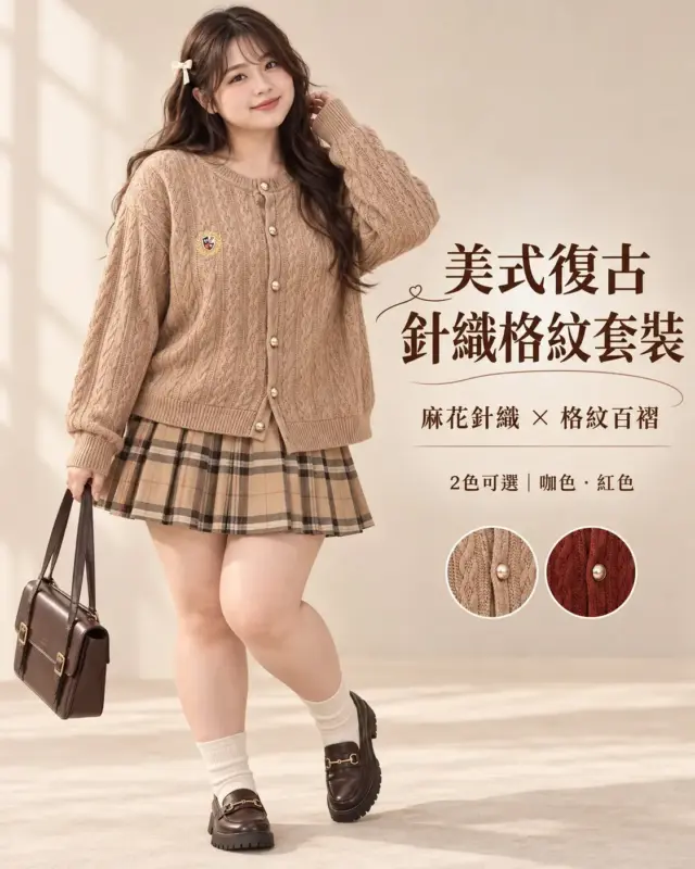 美式復古針織格紋套裝