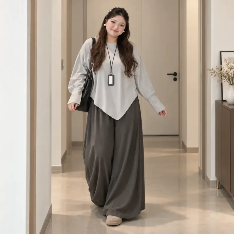 慵懶不規則長袖寬褲套裝 縮圖 3