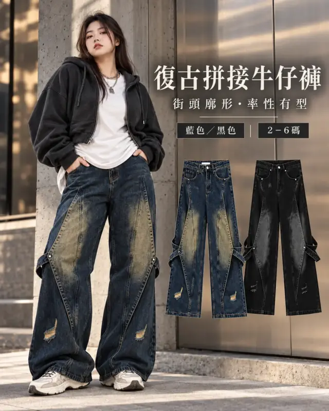 復古拼接牛仔褲