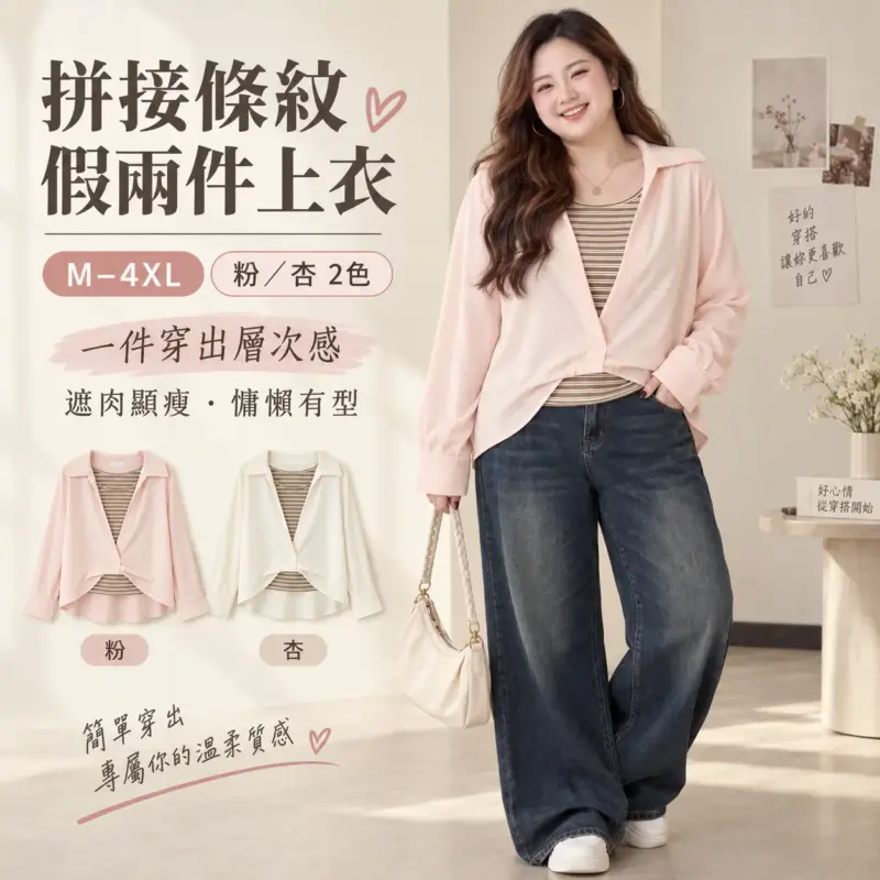 拼接條紋假兩件上衣