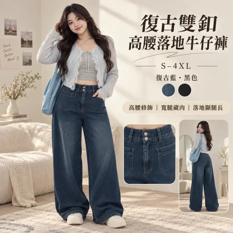 復古雙扣高腰牛仔褲