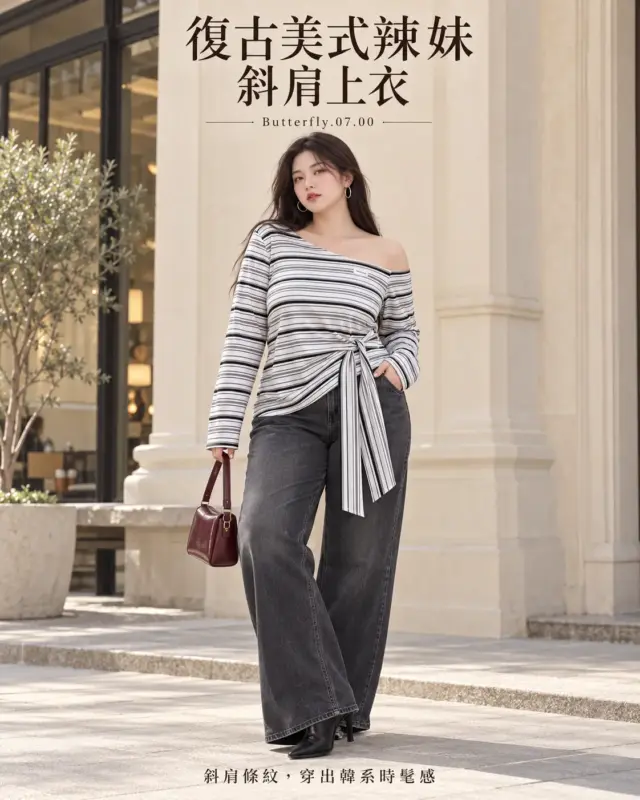 復古美式辣妹斜肩上衣 商品圖片