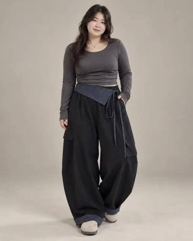 格紋翻領綁帶寬褲 縮圖 3