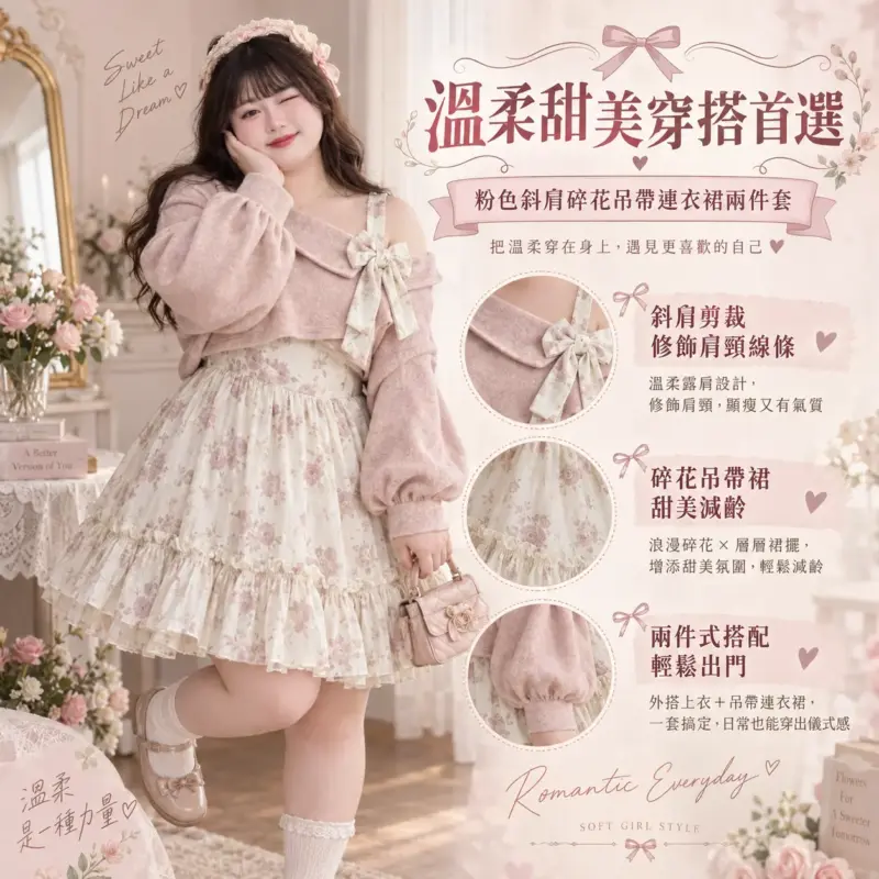 粉色斜肩碎花吊帶連衣裙兩件套 縮圖 2